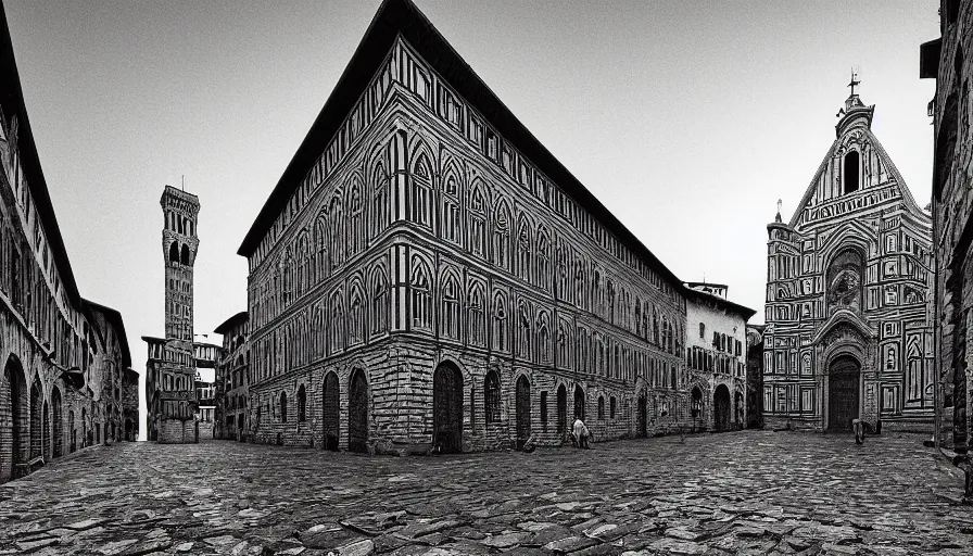 Image similar to florence old street in 1 6 th century with a tower in background, line art, black and white, dramatic lighting, cinematic composition, concept art