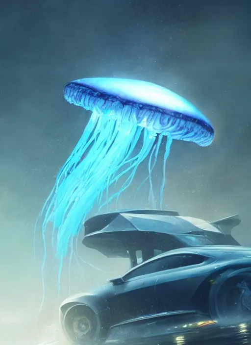 Image similar to jellyfish alien vehicle, sparks, ultra realistic, underwater, cinematic lighting, highly detailed, sharp focus, artstation, masterpiece, art by greg rutkowski