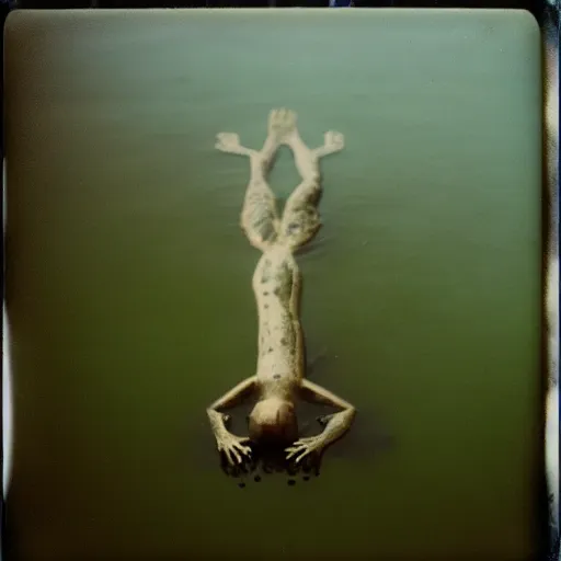 Image similar to semi translucent smiling frog amphibian floating upside down over misty lake in Jesus Christ pose, polaroid shot by Andrei Tarkovsky, paranormal, spiritual, mystical