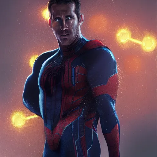 Image similar to ryan reynolds as a black and blue suit spider - man, cinematic, volumetric lighting, f 8 aperture, cinematic eastman 5 3 8 4 film, photorealistic by greg rutkowski, by stanley artgerm, by alphonse mucha