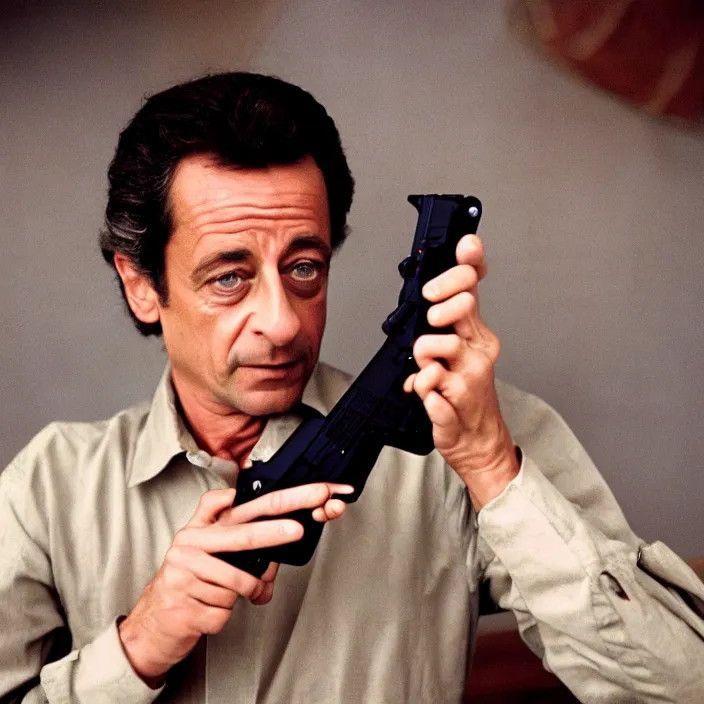 Image similar to very detailed 70s movie still of Nicolas Sarkozy with a glock, by Steve McCurry, cinestill 800t 10mm 4k, grainy picture
