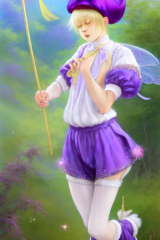 Image similar to Full View fairy maiden with short blond hair wearing an oversized purple Beret, Baggy Purple overall shorts, Short Puffy pants made of silk, silk shoes, a big billowy scarf, Golden Ribbon, and white leggings Covered in stars. covered in embroidery. Short Hair. peasant magic. masterpiece 4k digital illustration by Ruan Jia and Mandy Jurgens and Artgerm and william-adolphe bouguereau, award winning, Artstation, art nouveau aesthetic, Alphonse Mucha background, intricate details, realistic, panoramic view, Hyperdetailed, 8k resolution, intricate art nouveau