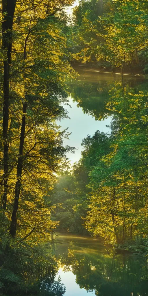 Image similar to river in a forest, golden hour, ray tracing reflection, 8k, hyper realistic, insainly detailed, hdr, octan render