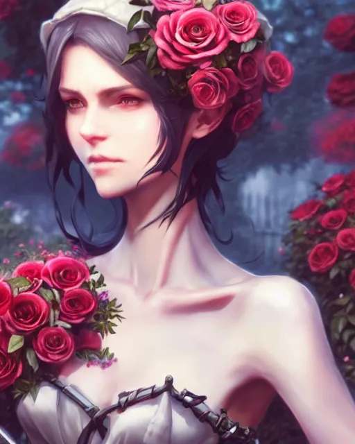 Image similar to an elegant lady surrounded by skulls in a garden full of roses, final fantasy, cushart krenz, cushart krenz, very detailed, realistic face, detailed face, matte, tonemapping, perfection, 4 k,