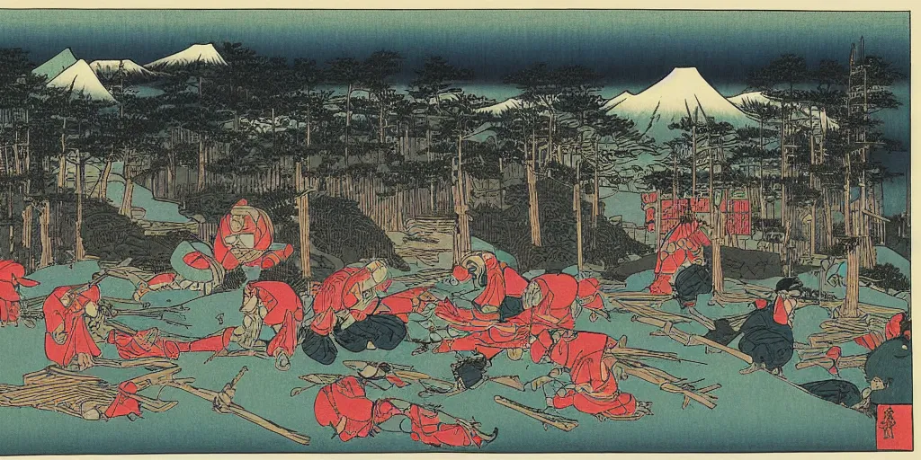 Prompt: Hog Heaven, woodblock print by Hiroshige