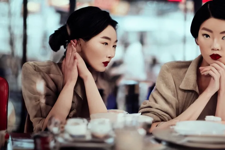 Prompt: movie interior closeup beautiful Chinese fashion model couple closeup sitting at 50s diner, night in the city, beautiful skin, by Emmanuel Lubezki