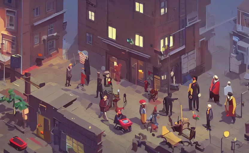 Prompt: townsmen meet a detective to present a new case outside his office building, james gilleard, print, game art