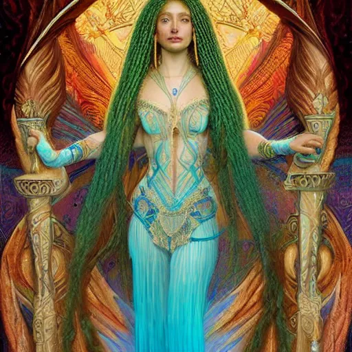 Image similar to artstation, intricate details, hyper details, by gaston bussiere and sandro botticelli, tan skin sumerian mystic lady of elche, egyptian sumerian features, techno mystic princess intergalactica, with aqua neon rapunzel dreadlocks,