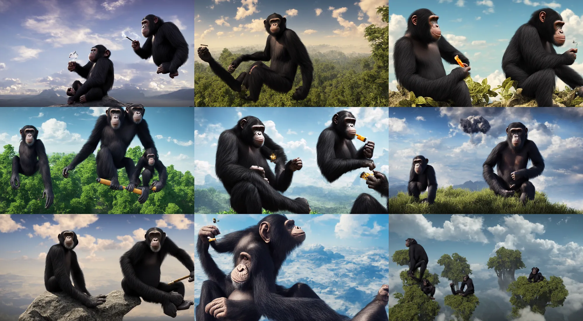 Prompt: unreal engine 5, 8 k, | a beautiful chimpanzee sitting amongst the clouds, high in the sky, smoking a joint and getting high as cloud 9 | 4 2 0 friendly apes with blunts in the clouds | trending on artstation, beautiful godrays, windows background