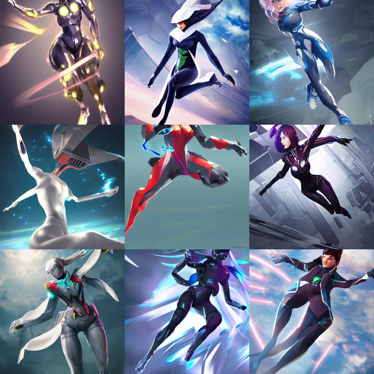 Prompt: a woman in a futuristic suit flying through the air, concept art by lu ji, featured on polycount, dau - al - set, official art, dynamic pose, anime aesthetic