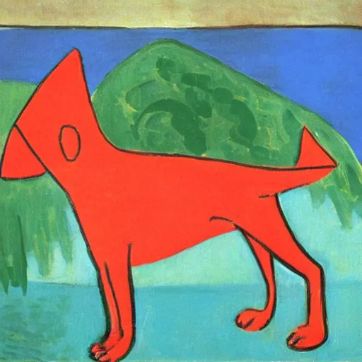 Image similar to dog with red fishes, by matisse, oil on canvas