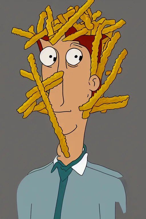 Image similar to a portrait of philip fry from futurama made out of french fries, realistic, 4 k.