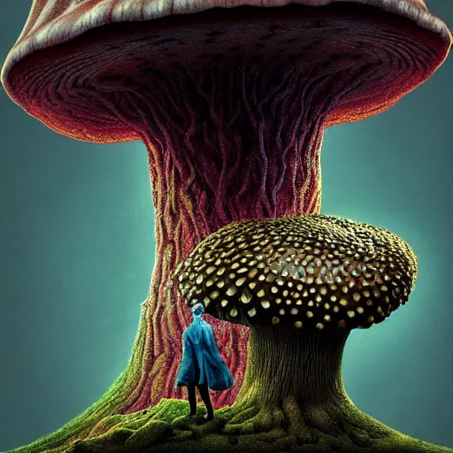 Prompt: mushroom man, fungus, freak show, surrealism, fractalism, strange, hyperdetailed, photorealistic, interesting, benoit b. mandelbrot, m. c. escher, patrick woodroffe, ernst fuchs, zdzisław beksinski, id magazine, octane, cinematic, hyperrealism, 8 k, depth of field, bokeh