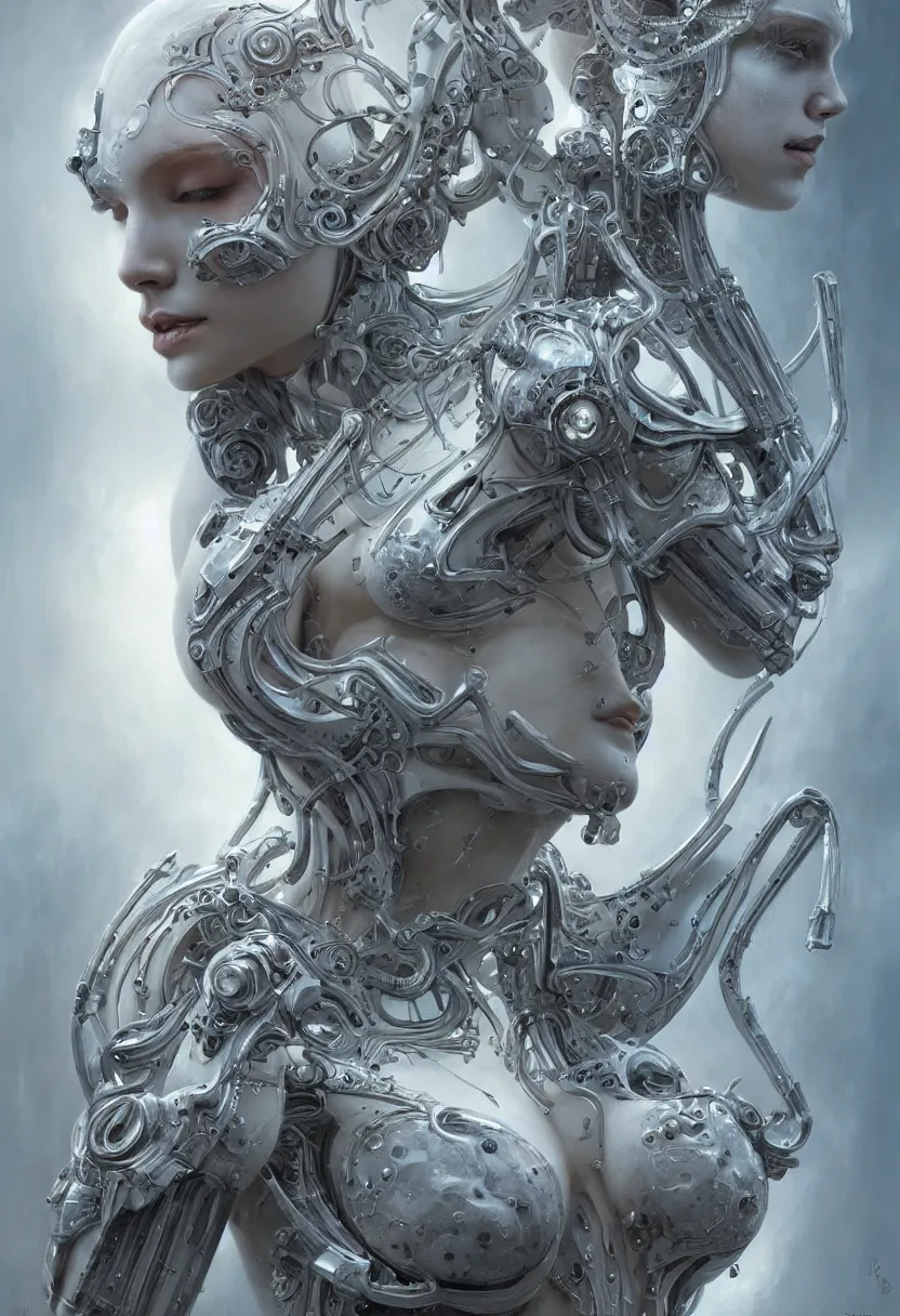 Image similar to beautiful white cyborg goddess, by william - adolphe bouguereaum artgerm and hr giger and zdzislaw beksinski, matte painting, hyperdetailed, symmetry, art nouveau, beautiful render, concept art