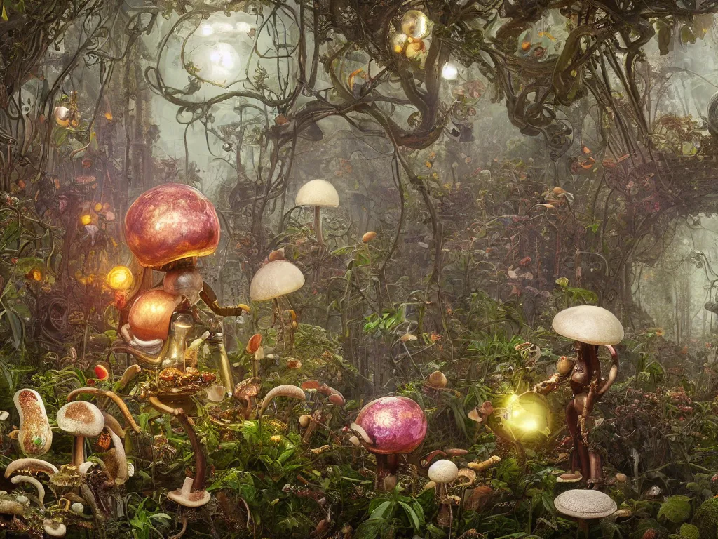 Prompt: victorian robot with mushrooms growing in a spheroid forest, 3d render, nightlight Study, by Jan Davidsz de Heem and Lisa Frank, Art Nouveau, 8k, extreme detail, sharp focus, octane render