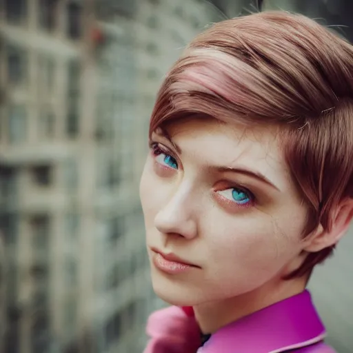 Prompt: hyperdetailed beautiful photo of a seductive woman with light blue eyes, really short hair, in a cybercity, wearing strict pink wool suit, covered, inside berghain, classic, photo 3 5 mm leica, hyperdetail, 8 k, very detailed, fine - face