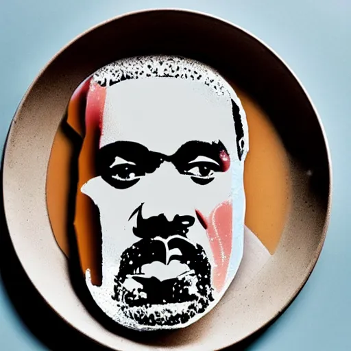 Image similar to a face of kanye west made of congee, michelin star photography