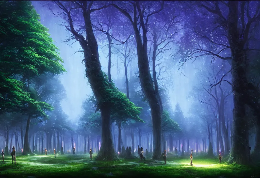 Image similar to Lothlorien at night, very dark sky with green lights, blue lights and purple lights, elven forest town with houses up in the trees, oil painting, dramatic lighting, Jakub Kasper, Makoto Shinkai, hyperrealistic, cinematic, elegant, intricate