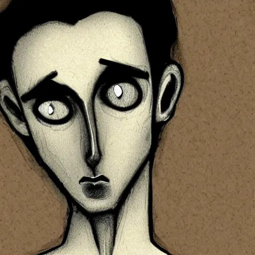 Image similar to young man portrait, black hair, skinny, sleep deprived, corpse bride art style