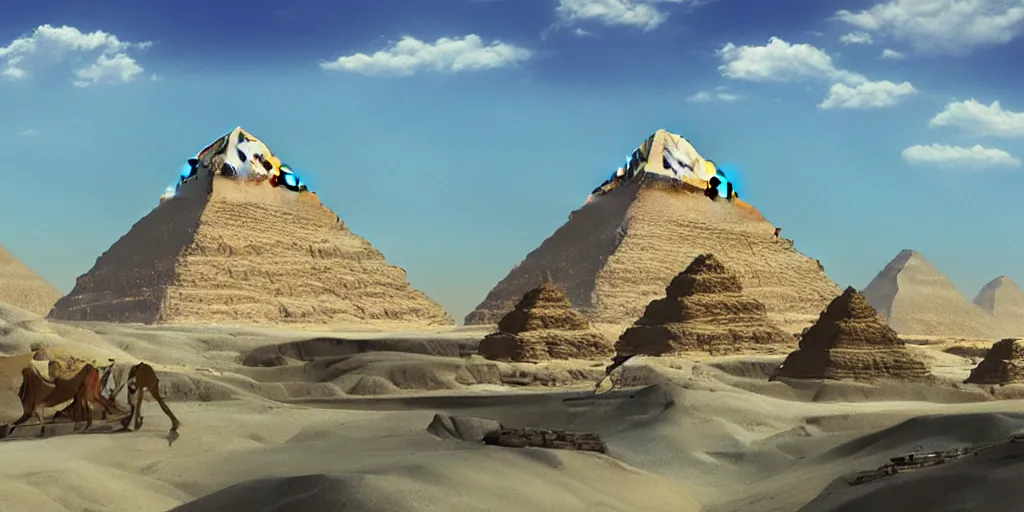 Image similar to egyptian landscape with pyramids by makoto shinkai