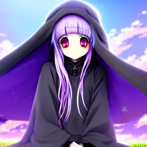 Prompt: A cute young real life 3D anime girl with long blueish lavender hair, wearing a grim reaper hood with shorts, bloody scythe sat next to her foot, sitting on one knee in a large grassy green field, shining golden hour, she has detailed black and purple anime eyes, extremely detailed cute anime girl face, she is happy, childlike, little kid, black anime pupils in her eyes, Haruhi Suzumiya, Umineko, Lucky Star, K-On, Kyoto Animation, she is smiling and happy, tons of details, sitting on one knee on the grass, chibi style, extremely cute, she is smiling and excited, her tiny hands are on her thighs, she has a cute expressive face