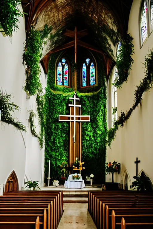 Image similar to photo inside a church overgrown by lush plants, ornate