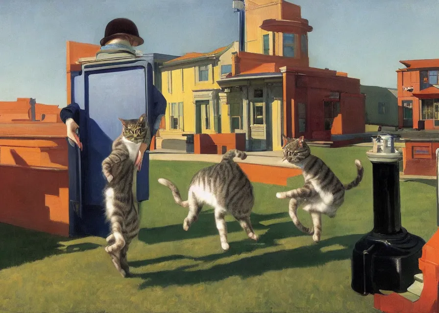 Image similar to a brownish gray tabby cat walking on its hind legs like a human shopping at costco, american realism style, edward hopper, george bellows, bo bartlett, jamie wyeth