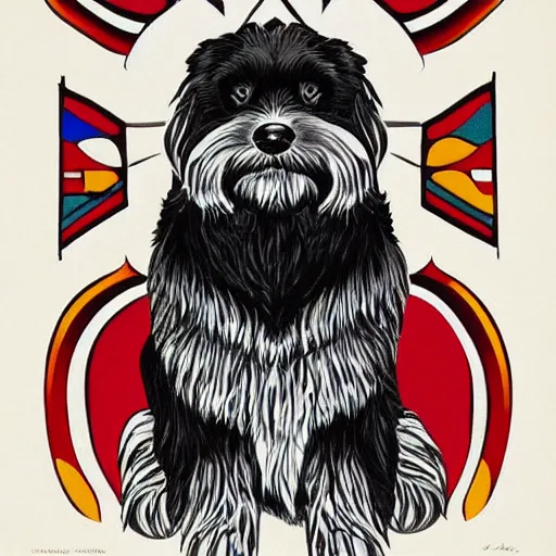 Prompt: tlingit haida lithographic, havanese dog,, simple colors, lithograph print by tristan - wolf reg davidson clifton guthrie maynard johnny jr. trending on society 6