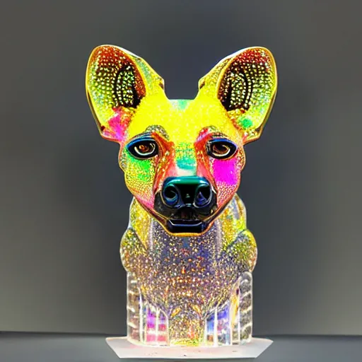 Prompt: swarovski solid crystal statue of african wild dog, high octane render, photo realistic, 50mm, vibrant color, rainbow caustic lighting, product display