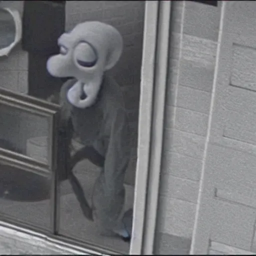 Image similar to cctv footage of squidward robbing a bank