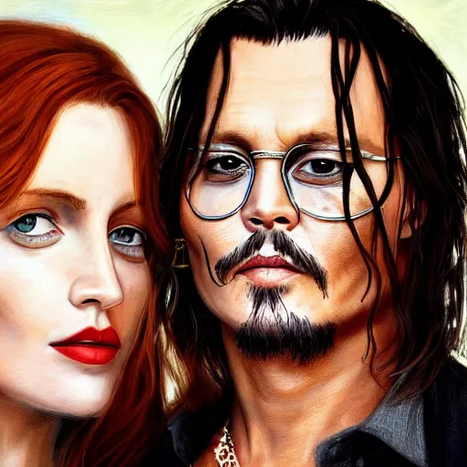 Image similar to portrait of johnny depp with his new girlfriend ginger hair woman detailed face detailed 8 k