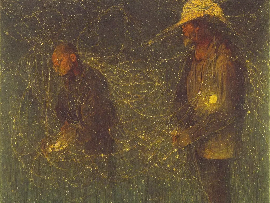 Image similar to painting by mikalojus konstantinas ciurlionis. portrait of fisherman with net at night with fireflies