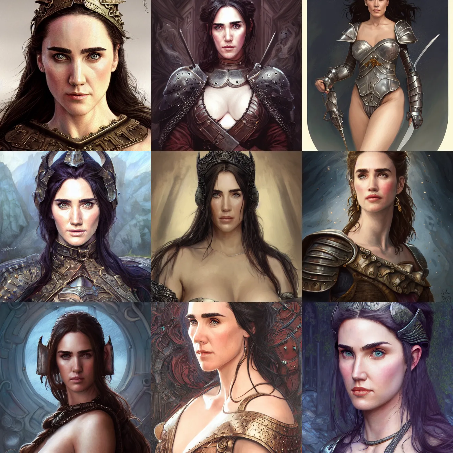 Prompt: Portrait of Jennifer Connelly, D&D, 14th century, fantasy, portrait, skimpy leather armor ,highly detailed, digital painting, daggers, trending on artstation, concept art, sharp focus, illustration, art by artgerm and greg rutkowski and magali villeneuve and Alphonse Mucha and Siraj