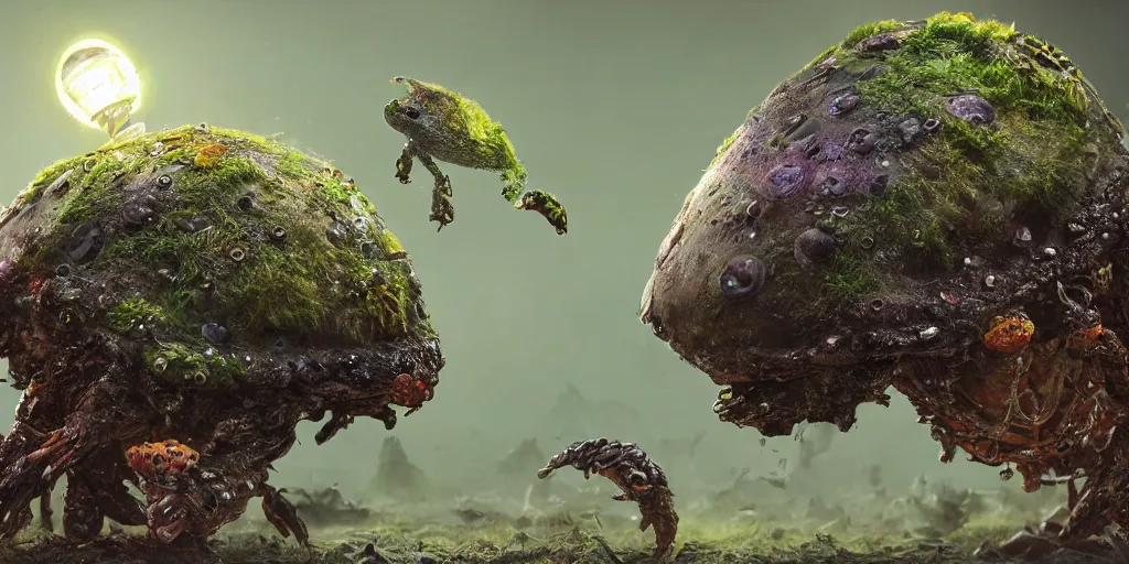 Prompt: a bird turtle mushroom jelly tractor hybrid creature monster with metal scales feathers fur moss spines knobs, rich diverse lush alien world, fantasy, science fiction, dramatic lighting, in the style of national geographic, ken barthelmey, illustration, octane render