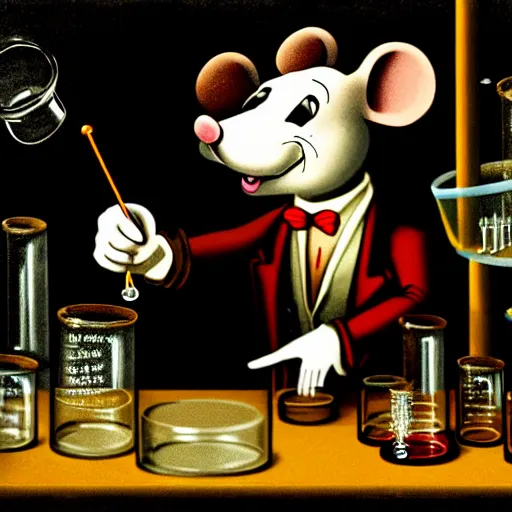 Prompt: a gentleman anthropomorphic mouse performing a chemistry experiment with beakers in a dark, cluttered lab space, realistic, chiaroscuro, renaissance art, realistic, intricate textures