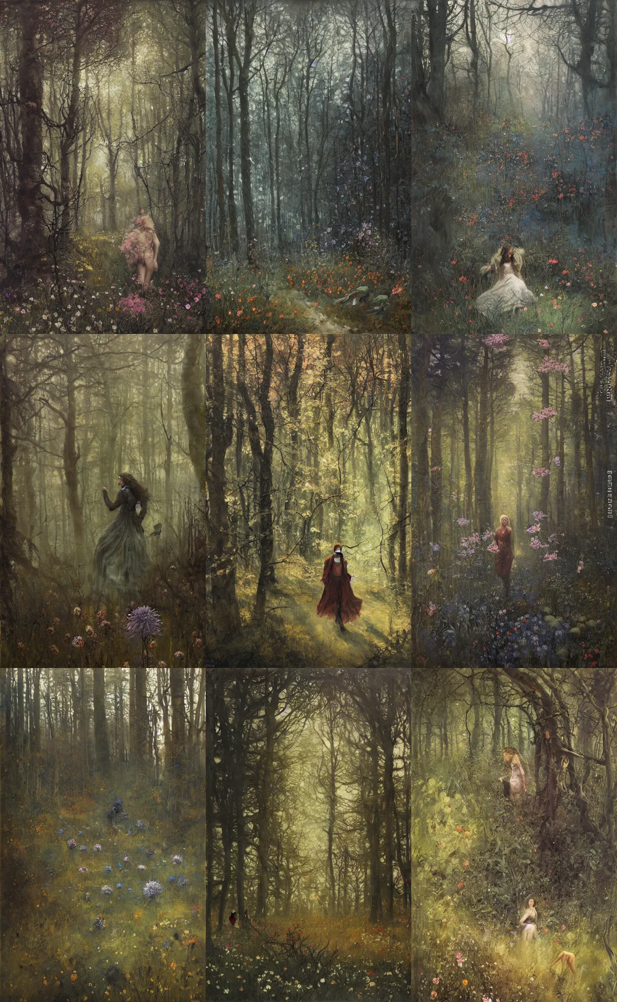 Prompt: painterly dreamy dark forest with trees, flowers, birds, barely seen women, liana, thistle and midnight sky by Mikhail Vrubel, Aron Wiesenfeld dark fantasy, witcher, very detailed oil painting in the alla prima style, masterpiece, 8k