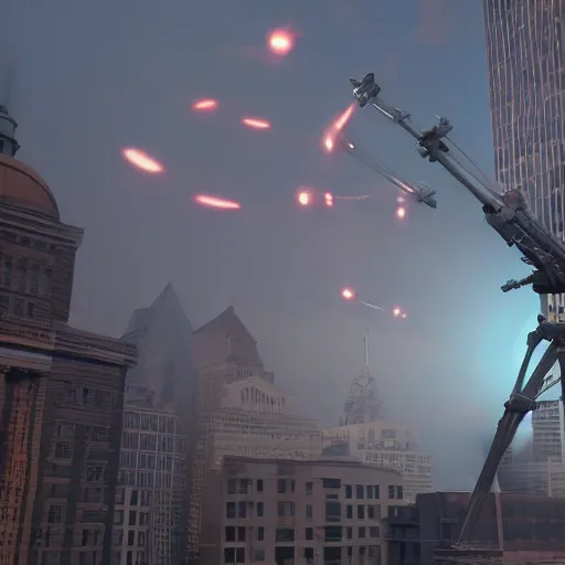 Image similar to giant alien tripods destroying philadelphia with heat rays, artstation, volumetric lighting