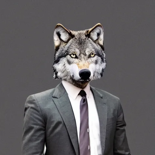 Prompt: A grey wolf in a suit and tie.