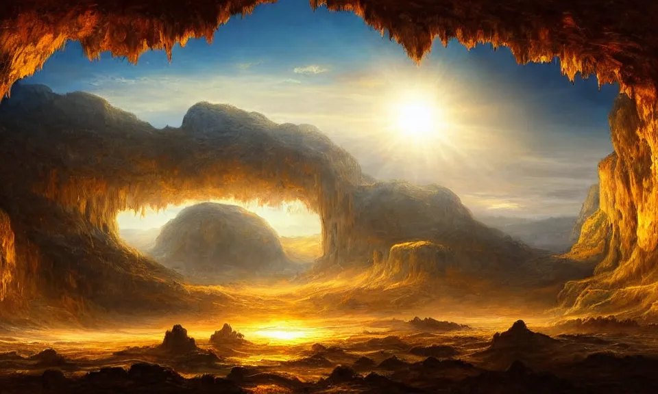 Prompt: the most beautiful panoramic landscape, oil painting, huge and majestic city underground, in a giant cave with a floating sun, epic, vast, cinematic lighting, highly detailed, very realistic