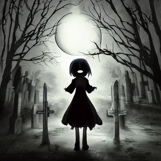 Image similar to anime hd, anime, 2 0 1 9 anime, tim burton children, western artstyle in anime, ghost children, children born as ghosts, dancing ghosts, london cemetery, albion, london architecture, buildings, gloomy lighting, moon in the sky, gravestones, creepy smiles