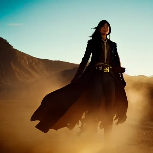 Prompt: gemma chan stars in a gunslinger spaghetti western, movie still, dramatic lighting, atmospheric dust, sunset