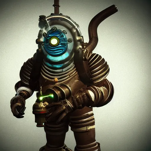 Prompt: 3 d render of a bioshock big daddy wearing the deadspace engineering suit, unreal engine 5, isaac clarke themed, high detail 3 d render,