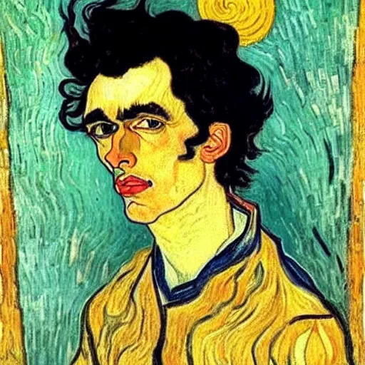 Image similar to painting of handsome beautiful dark medium wavy hair man in his 2 0 s, dressed as an oracle, looking upward to the heavens above, slight smile, foreseeing the future, elegant, clear, painting, highly stylized, art by vincent van gogh, egon schiele