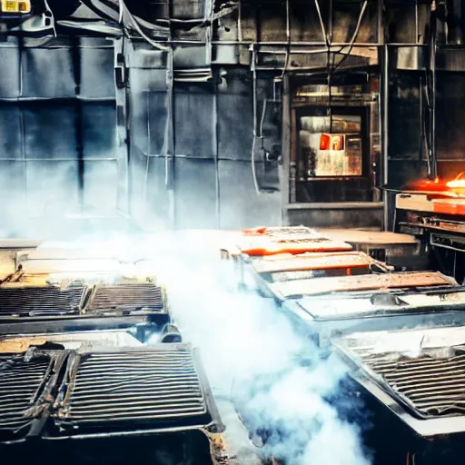 Image similar to toaster ovens on conveyor belt, dark messy smoke - filled cluttered workshop, dark, dramatic lighting, orange tint, sparks, cinematic, highly detailed, sci - fi, futuristic, movie still