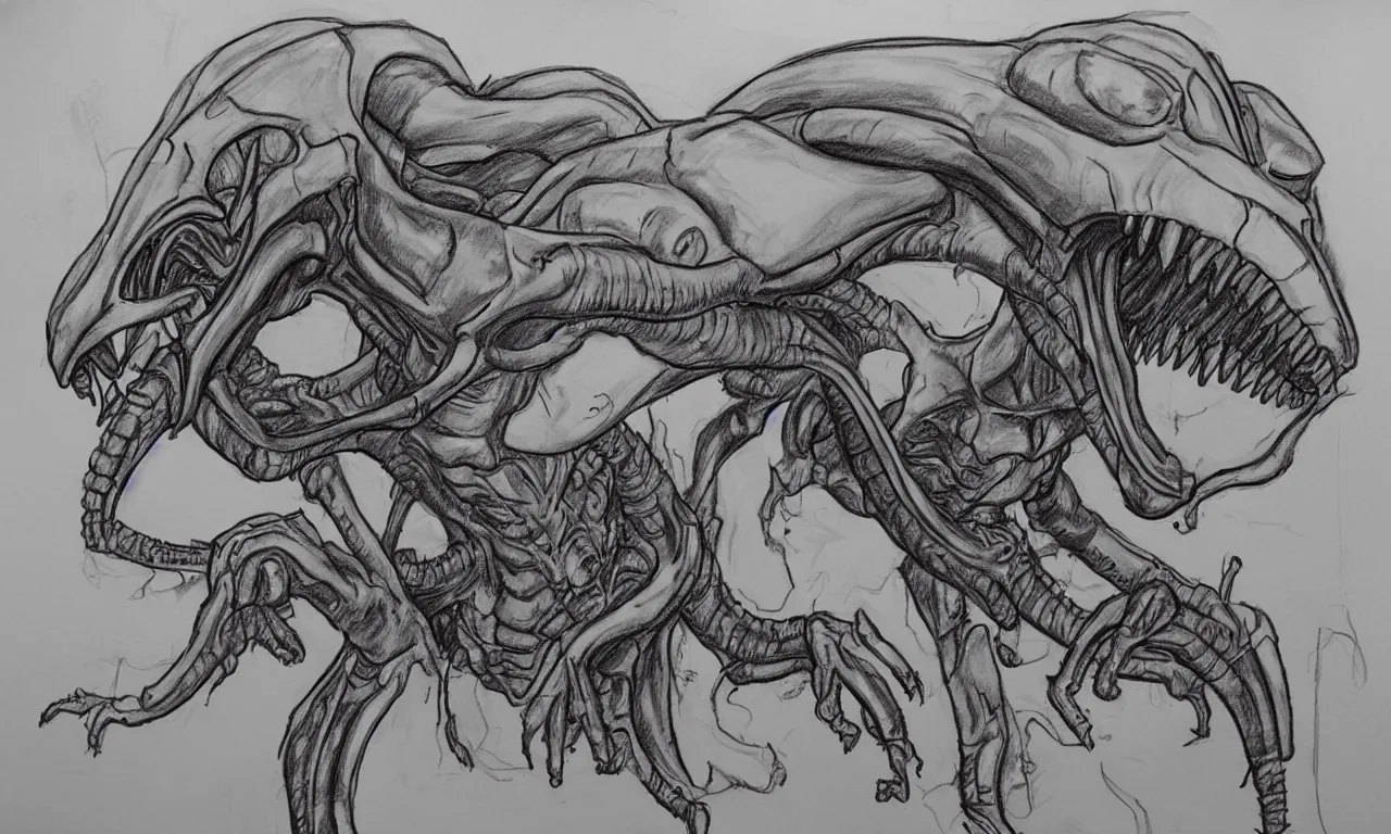 Prompt: a bad distorted rough sketch of one xenomorph drawn by a 4 year old kid