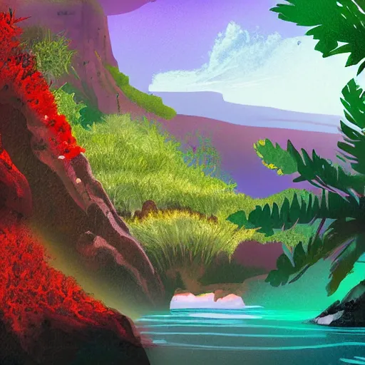 Image similar to digital painting of a lush natural scene on an alien planet by alayna danner. beautiful landscape. weird vegetation. cliffs and water.