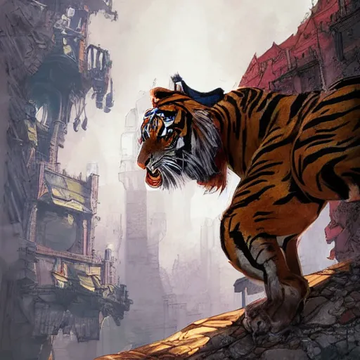 Image similar to highly stylized tiger paladin character by moebius standing in front of a castle, Gilles Beloeil, yoji shinkawa , character concept art, character modeling, science fiction, rich colors, wide angle, 35mm