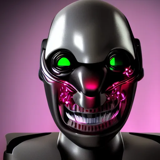 Image similar to portrait of a menacing evil villain robot, glowing dark red eyes, metal teeth, purple tubes, striking