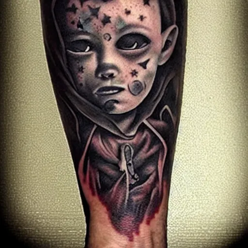 Prompt: tattoo of a creepy child, dark, scary, horror, high detail