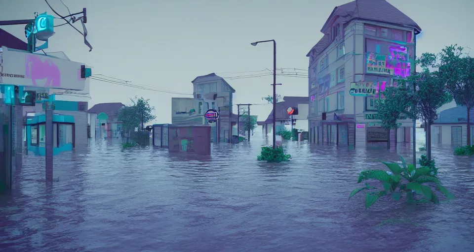 Image similar to 80s vaporwave outrun 3d Render of a german town being flooded, liminal space retro, grainy, noisy